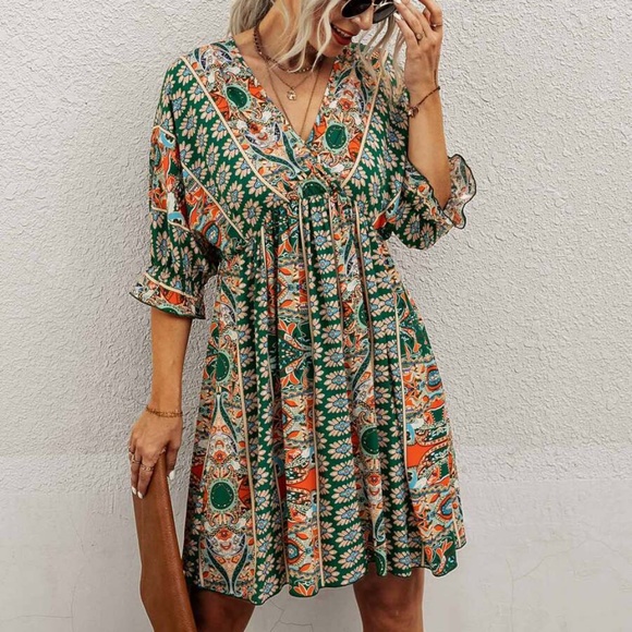 BellanBlue Dresses & Skirts - 034 Bohemian Green Orange Paisley V neck Gypsy Mini Dress